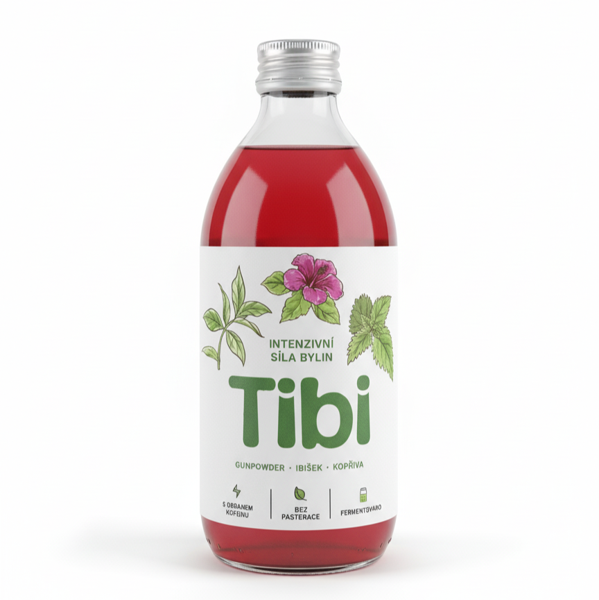 Detail láhve Tibi Energy Gunpowder Ibišek Kopřiva s bylinkami