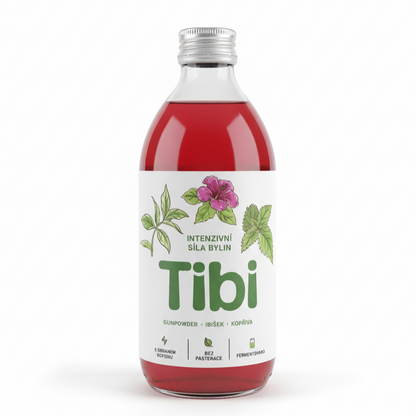 Detail láhve Tibi Energy Gunpowder Ibišek Kopřiva s bylinkami