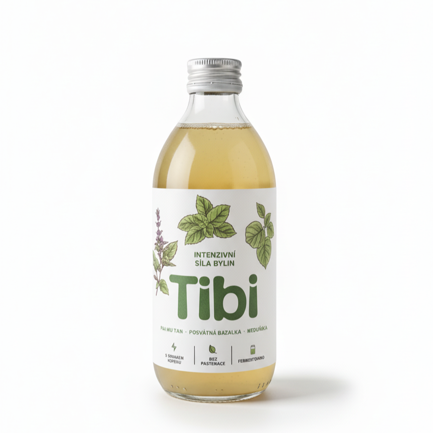 Detail láhve Tibi Energy Pai Mu Tan Bazalka Meduňka – přírodní bylinková fermentace