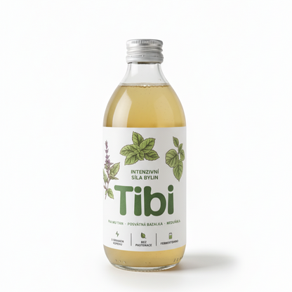 Detail láhve Tibi Energy Pai Mu Tan Bazalka Meduňka – přírodní bylinková fermentace